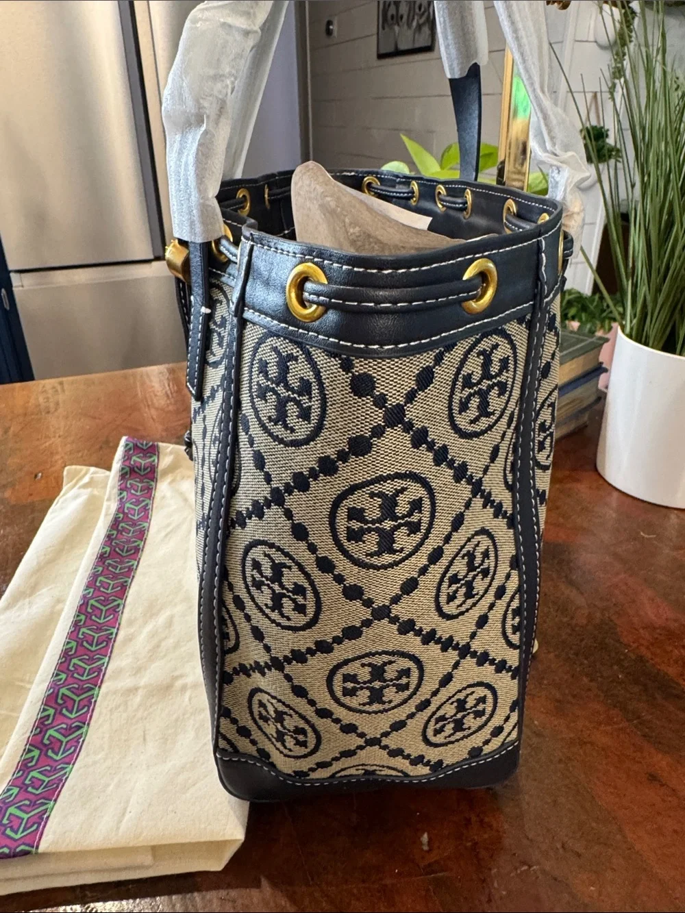 Tory Burch Navy and Cream Logo Canvas Tote with Gold Hardware